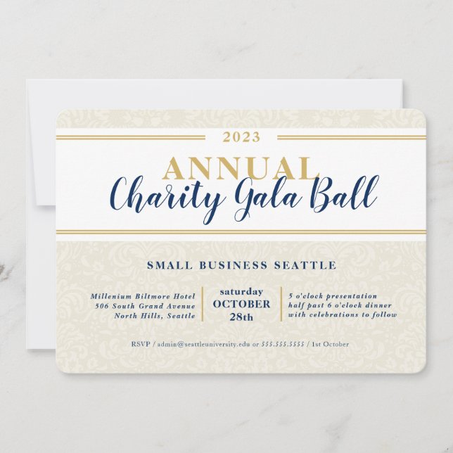 Invitación CHARITY GALA BALL elegante evento marina marfil or (Anverso)