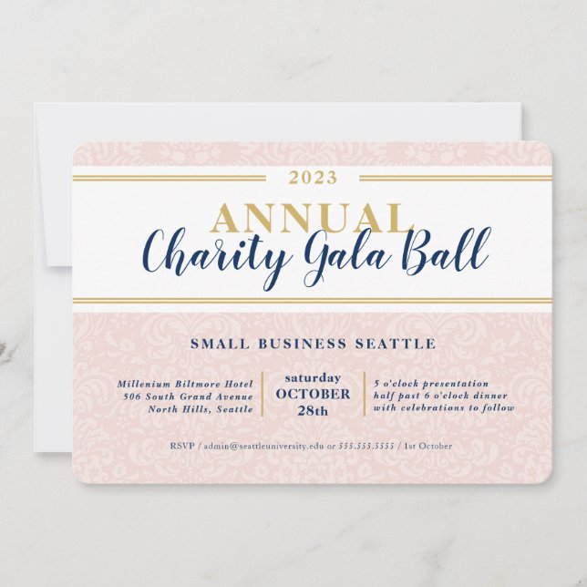 Invitación CHARITY GALA BALL elegante evento marina oro rosa (Anverso)