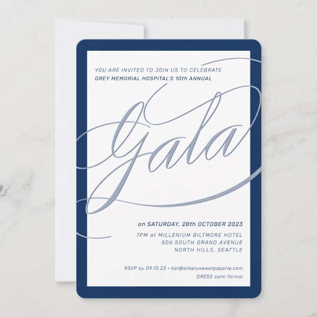 Invitación CHARITY GALA elegante caligrafía formal azul marin (Anverso)