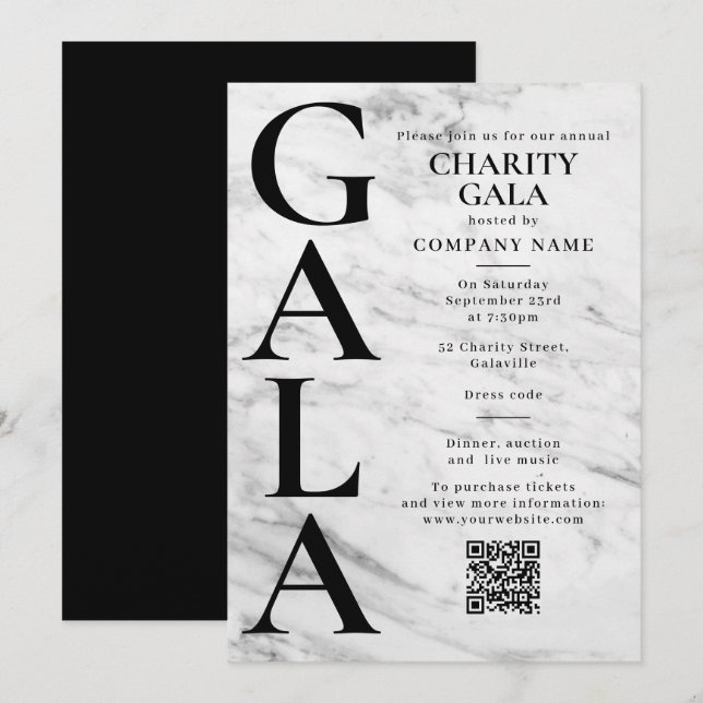 Invitación Charity Gala Fundraising Event QR Code Marble (Anverso / Reverso)
