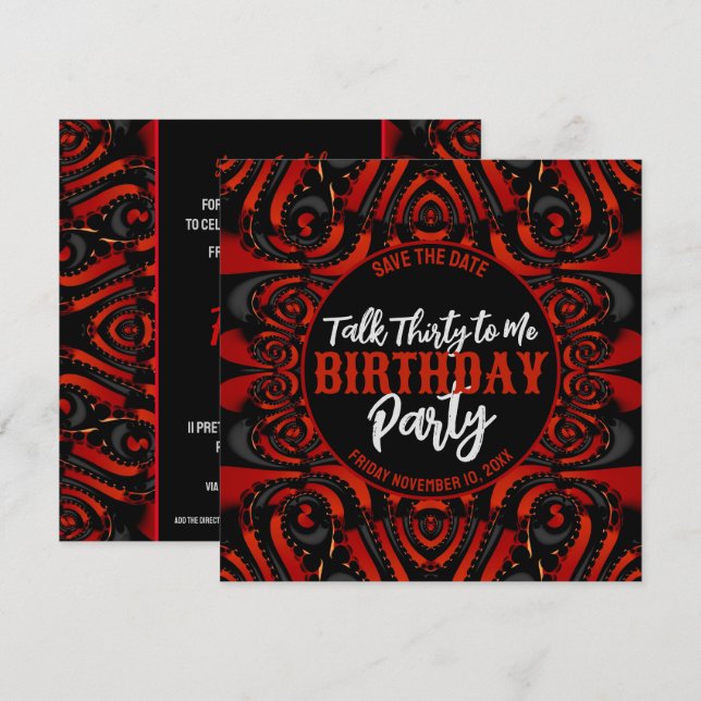 Invitación Charla gótica de cumpleaños 30 negro + Fiesta rojo (Anverso / Reverso)
