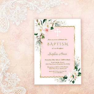 Invitación Charle Magnolia Blanca Oro Rosa Bautismo Floral