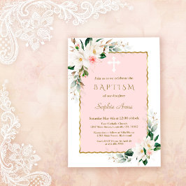 Invitación Charle Magnolia Blanca Oro Rosa Bautismo Floral