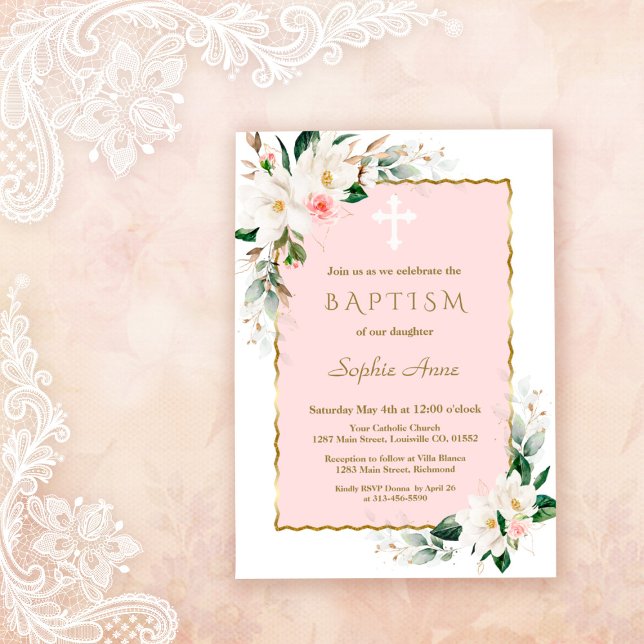 Invitación Charle Magnolia Blanca Oro Rosa Bautismo Floral (white magnolia baptism, trendy modern elegant baptism invitation, gold white floral baptism invite)