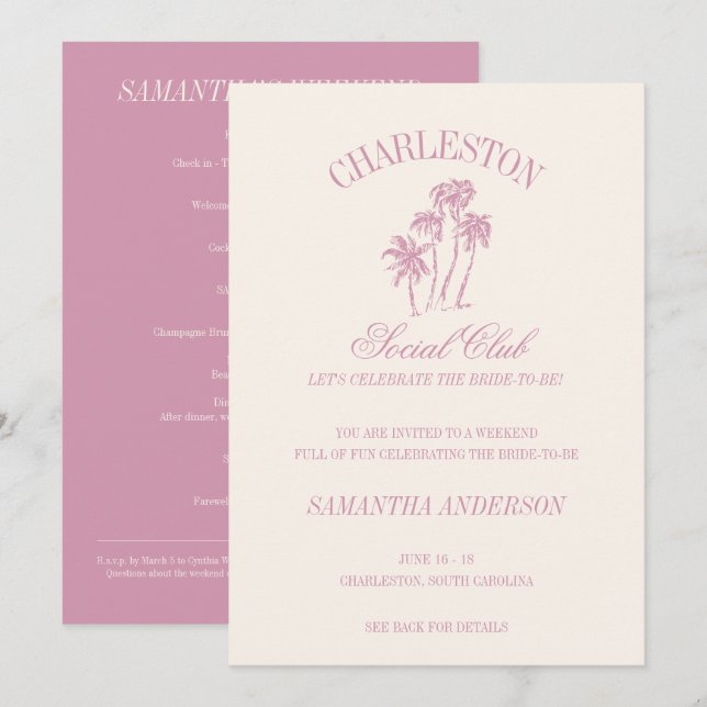 Invitación Charleston Bachelorette Weekend Club Social Rosa (Anverso / Reverso)