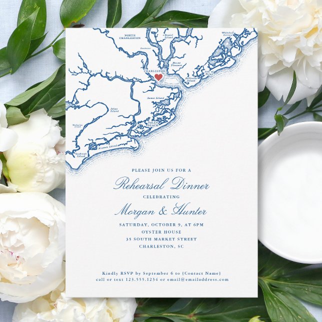 Invitación Charleston Map Naval Boda azul Ensayo Cena (Charleston SC Map Wedding Rehearsal Dinner Invitation in elegant navy blue from Coastal Map Designs)
