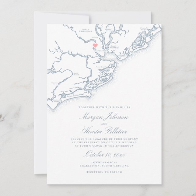 Invitación Charleston SC Map Elegant Dusty Blue Boda (Anverso)
