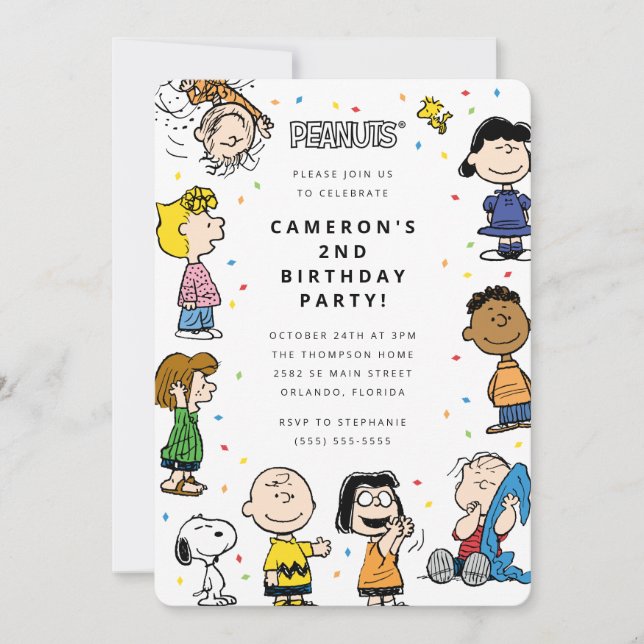 Invitación Charlie Brown y el cumpleaños de Gang Confetti (Anverso)
