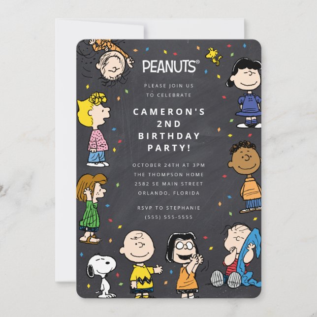 Invitación Charlie Brown y Gang Chalkboard Confetti Cumpleaño (Anverso)