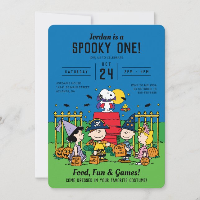 Invitación Charlie Brown y Gang Halloween 1er cumpleaños (Anverso)