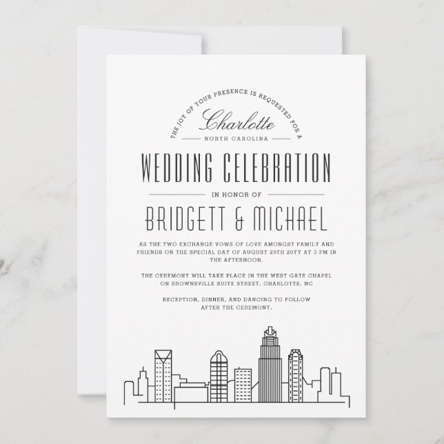 Invitación Charlotte Boda | Modern Deco City Skyline (Anverso)