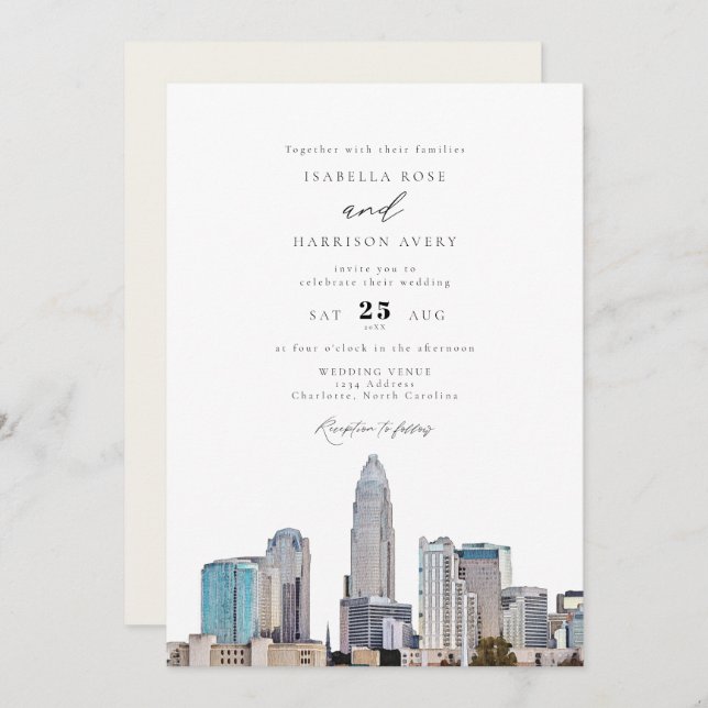 Invitación CHARLOTTE NORTH CAROLINA City Skyline Boda (Anverso / Reverso)
