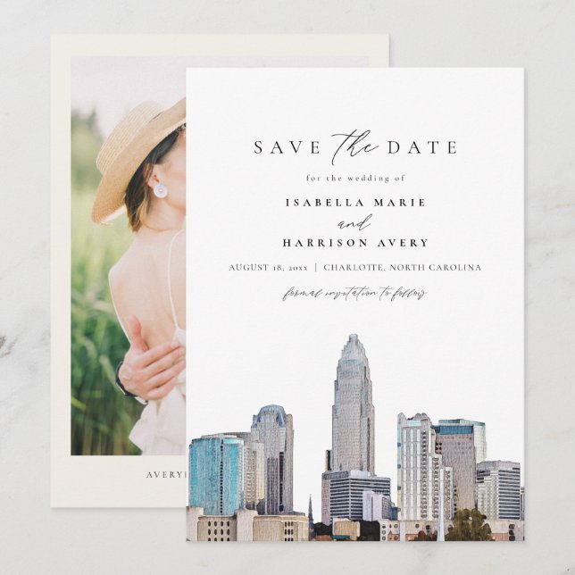 Invitación CHARLOTTE NORTH CAROLINA Skyline Save the Date (Anverso / Reverso)