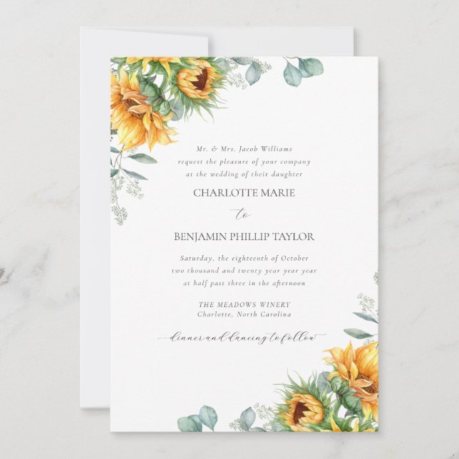 Invitación Charlotte Rustic Sunflowers Vintage Wedding (Anverso)