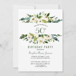 Invitación Charm acuarela Marco floral blanco 50 cumpleaños