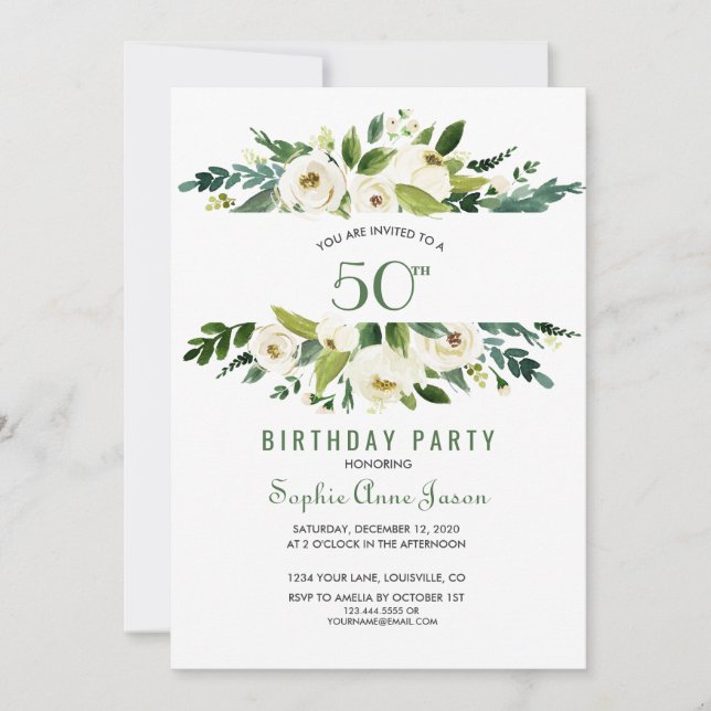 Invitación Charm acuarela Marco floral blanco 50 cumpleaños (Anverso)