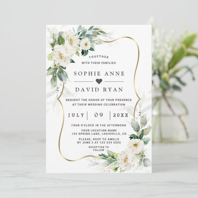 Invitación Charm Airy Greenery White Flowers Gold Boda (Anverso de pie)
