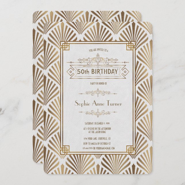 Invitación Charm Art Deco White Gatsby 50 cumpleaños (Anverso / Reverso)