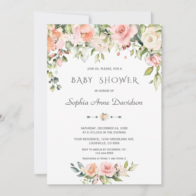 Invitación Charm Baño Acuarela Rosa Crema Floral Baby Shower (Anverso)