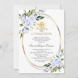 Invitación Charm Blue Flowers Boy Gold First Holy Communición