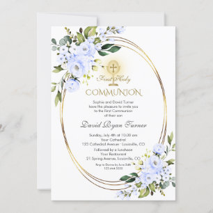 Invitación Charm Blue Flowers Boy Gold First Holy Communición