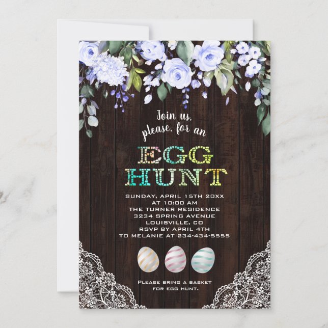 Invitación Charm Blue Flowers Lace Wood Egg Hunt Easter (Anverso)