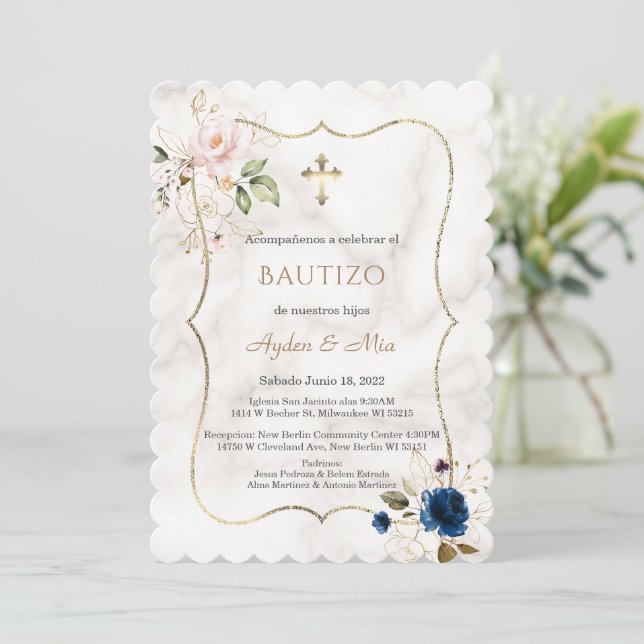 Invitación Charm Blue Pink Floral Rosa Gemelos de Oro Bautism (Anverso de pie)