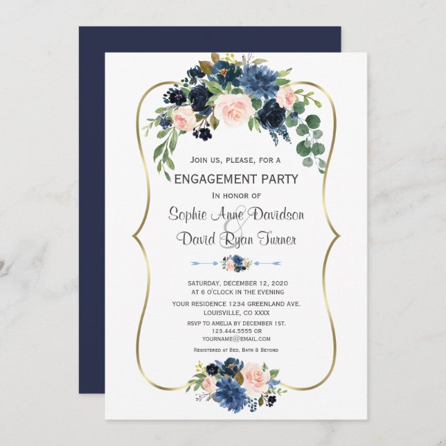 Invitación Charm Blue Rubor Floral Gold Engagement (Anverso / Reverso)