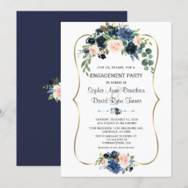 Invitación Charm Blue Rubor Floral Gold Engagement