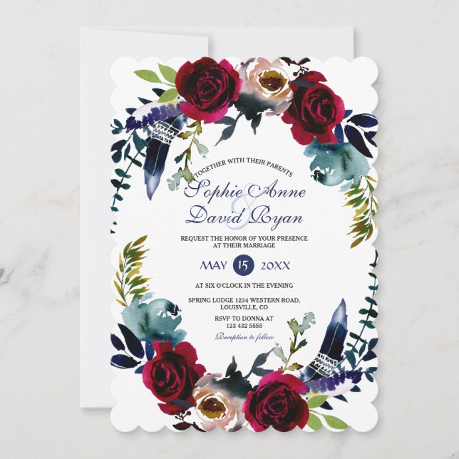 Invitación Charm Boho Floral Marsala Boda Azul de la Marina (Anverso)
