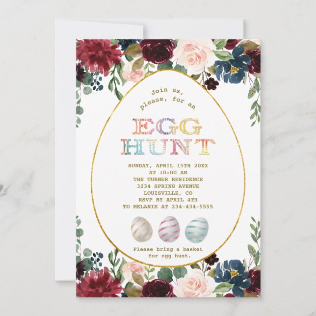 Invitación Charm Burgundy Blue Flores Oro Huevo Caza Pascua (Anverso)