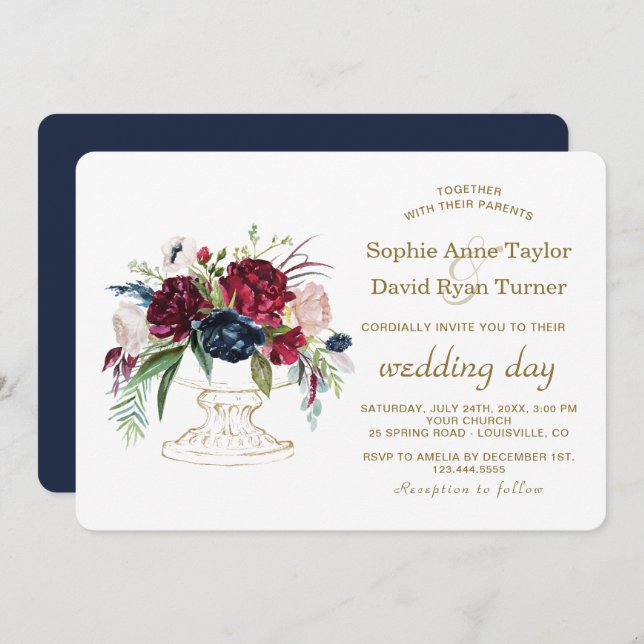 Invitación Charm Burgundy Blue Watercolor Flowers Boda (Anverso / Reverso)
