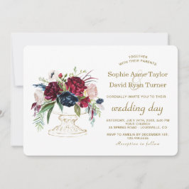 Invitación Charm Burgundy Blue Watercolor Flowers Boda