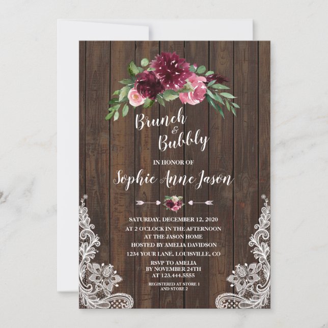 Invitación Charm Burgundy Floral Brunch Bubbly Bridal Shower (Anverso)