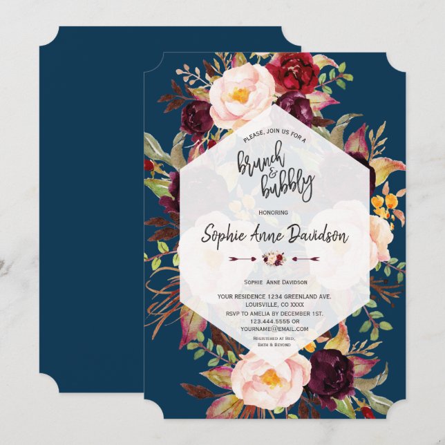 Invitación Charm Burgundy Floral Geométrica Brunch y Bubbly (Anverso / Reverso)