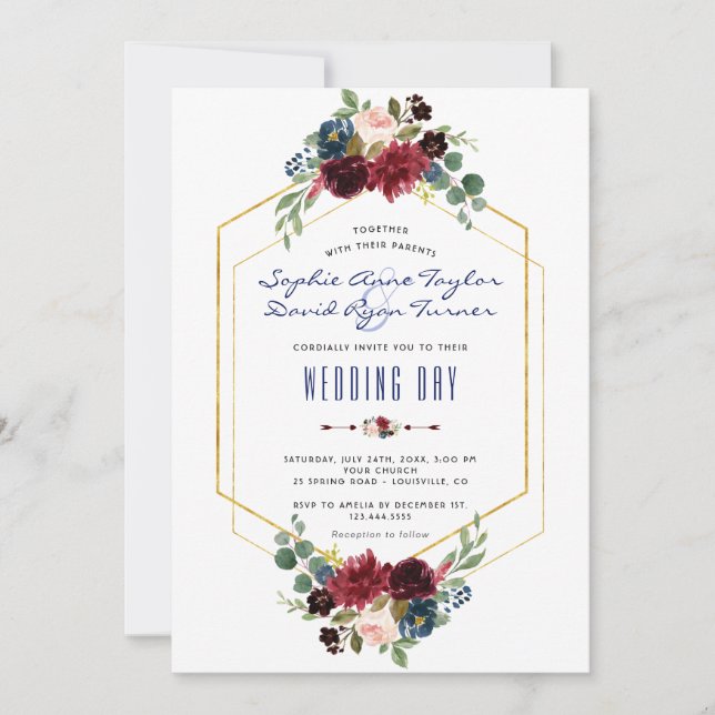Invitación Charm Burgundy Floral Gold Hexagon Frame Boda (Anverso)