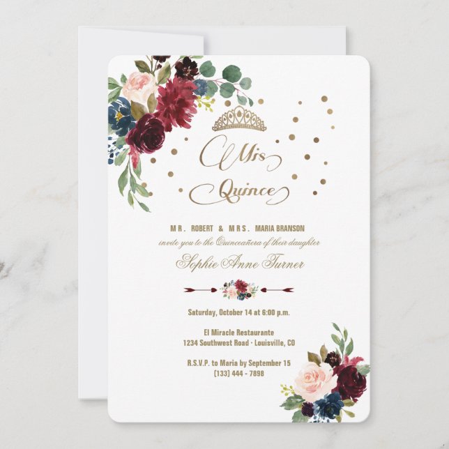 Invitación Charm Burgundy Floral Gold Mis Quinceañera (Anverso)
