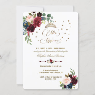 Invitación Charm Burgundy Floral Gold Mis Quinceañera