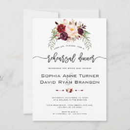 Invitación Charm Burgundy Floral Handwriting Rehearner Dinner