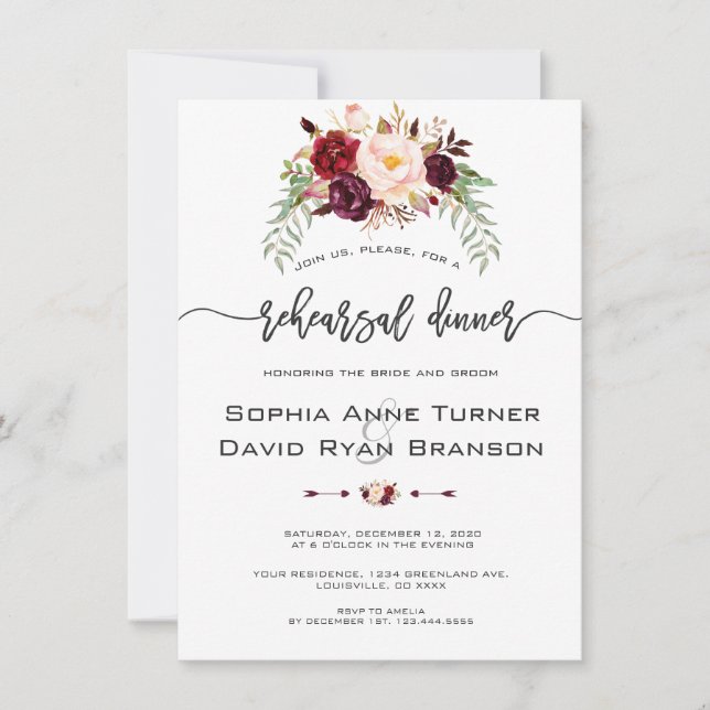 Invitación Charm Burgundy Floral Handwriting Rehearner Dinner (Anverso)