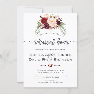 Invitación Charm Burgundy Floral Handwriting Rehearner Dinner