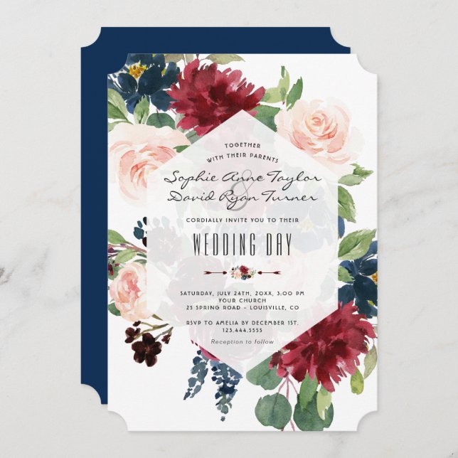 Invitación Charm Burgundy Floral Hexagon Frame Boda (Anverso / Reverso)