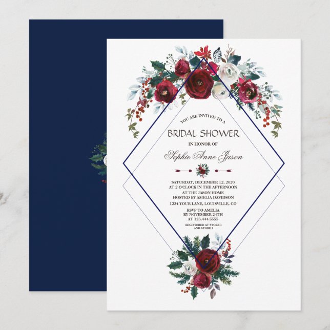 Invitación Charm Burgundy Floral Marina Blue Bridal Shower (Anverso / Reverso)