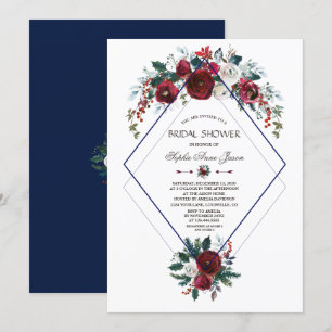Invitación Charm Burgundy Floral Marina Blue Bridal Shower