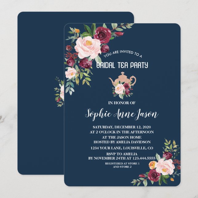 Invitación Charm Burgundy Floral Marina Bridal Shower Tea Fie (Anverso / Reverso)