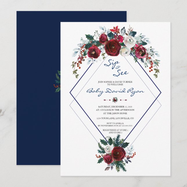 Invitación Charm Burgundy Floral Navy Ver Baby Shower (Anverso / Reverso)