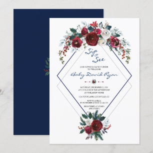 Invitación Charm Burgundy Floral Navy Ver Baby Shower