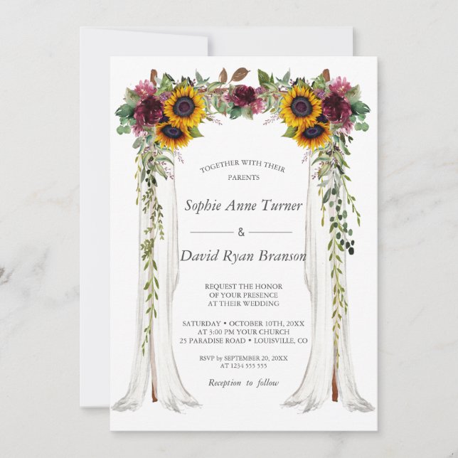 Invitación Charm Burgundy Floral Sunflower Canopal Boda (Anverso)