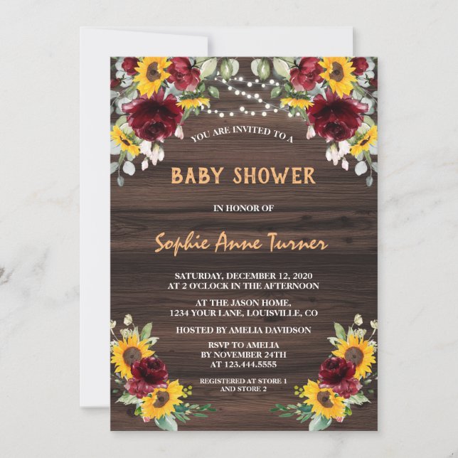 Invitación Charm Burgundy Floral Sunflowers Wood Baby Shower (Anverso)