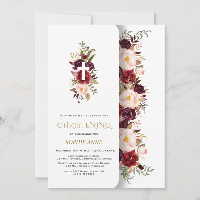 Invitación Charm Burgundy Flores Rosadas Chica Christening (Anverso)